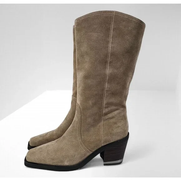Vince Camuto Babellie Mid Calf Western Boot Square Toe Taupe Tan Suede Size 10 - Picture 14 of 14